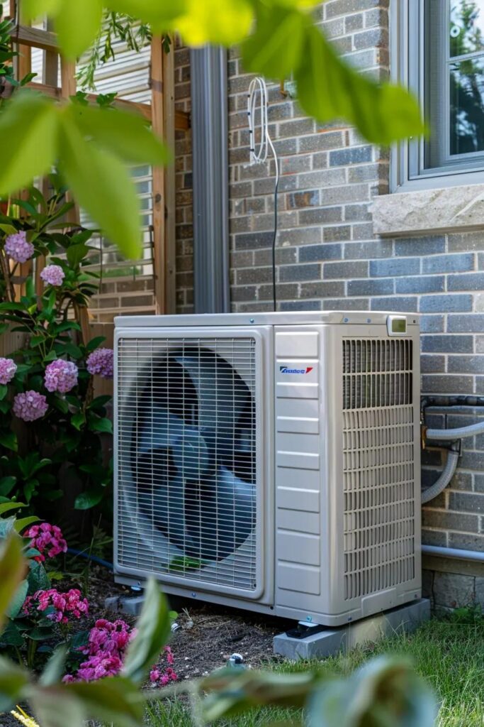 Outdoor heat pump unit with indoor wall head in a residential setting, showing modern efficiency