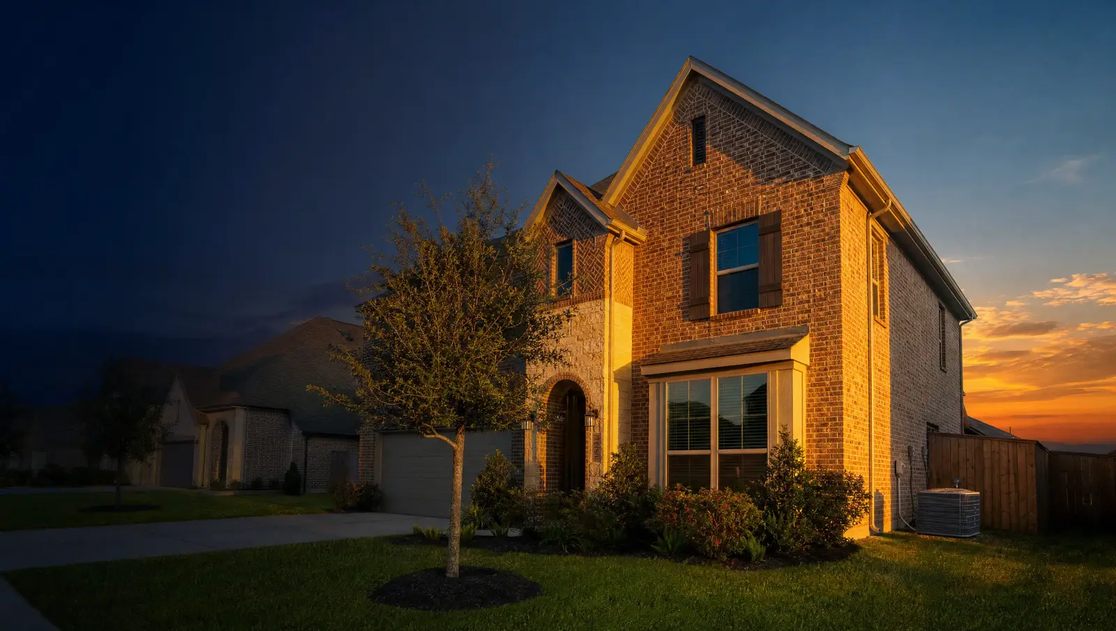 A Fort Bend County, Texas home at golden hour served by Lazarine AC