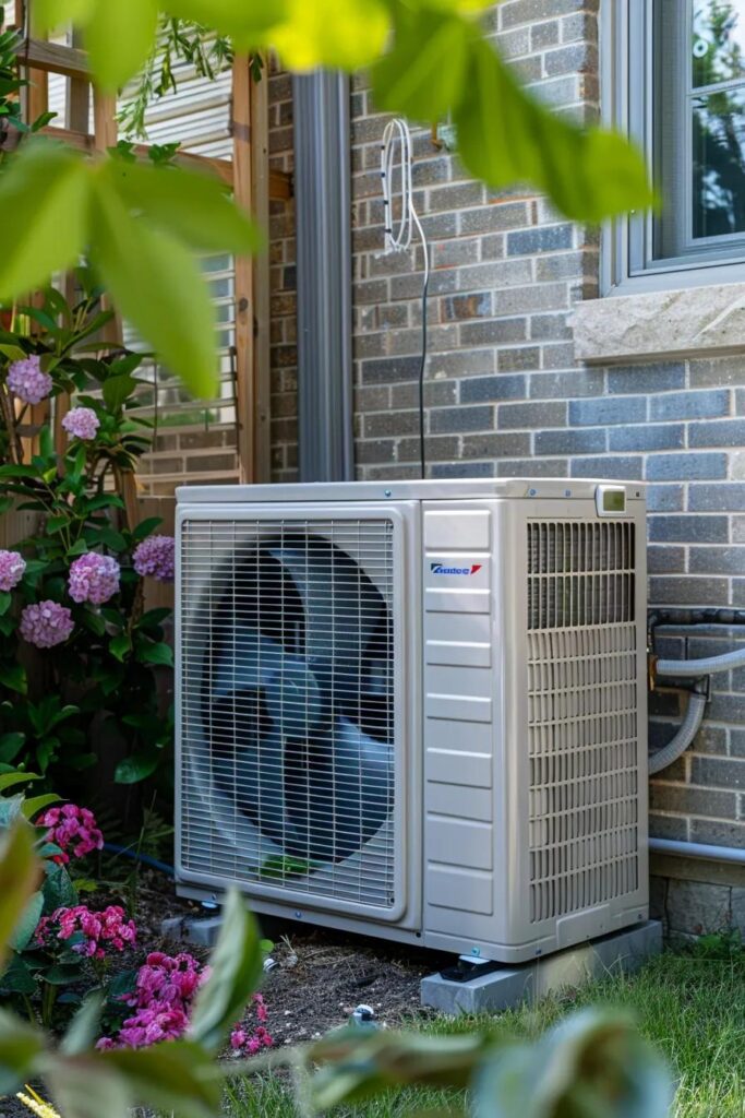 Outdoor heat pump unit with indoor wall head in a residential setting, showing modern efficiency