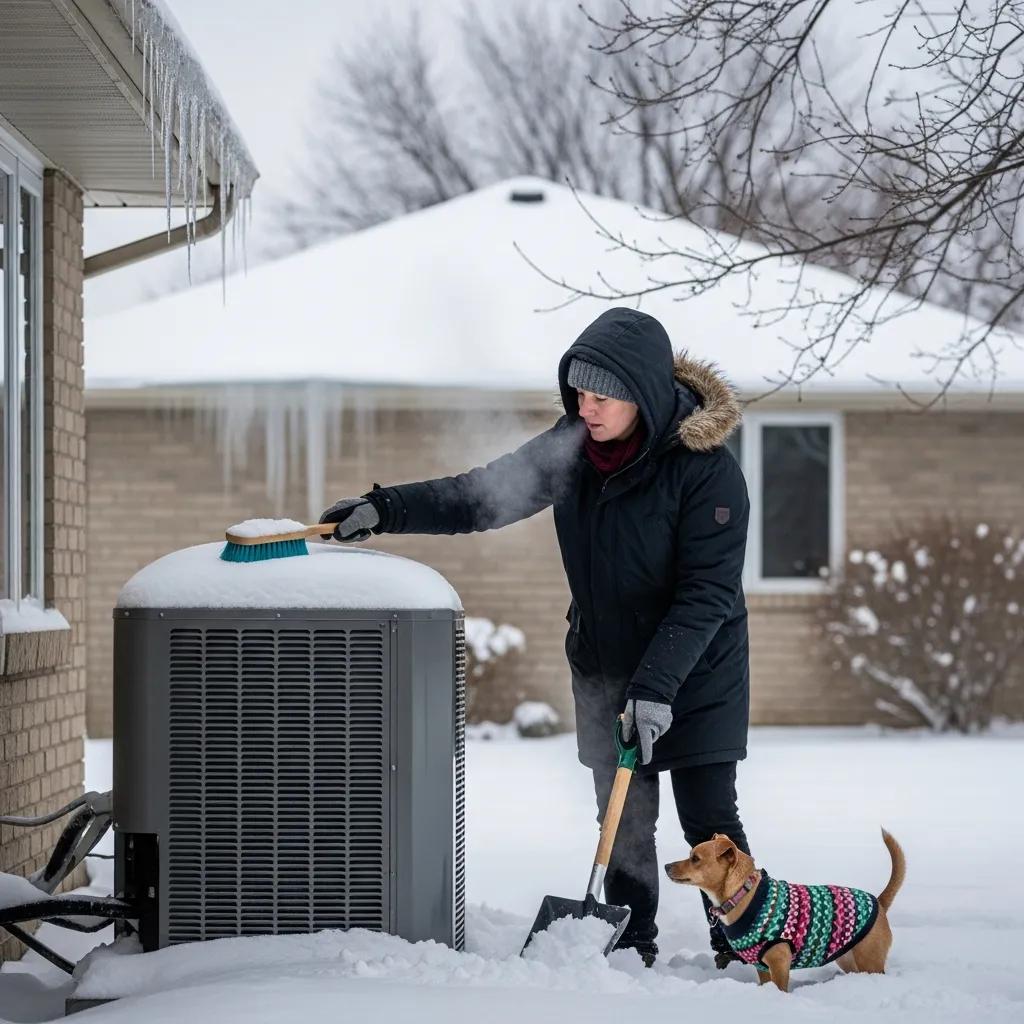 Homeowner clearing leaves and snow from around a heat pump