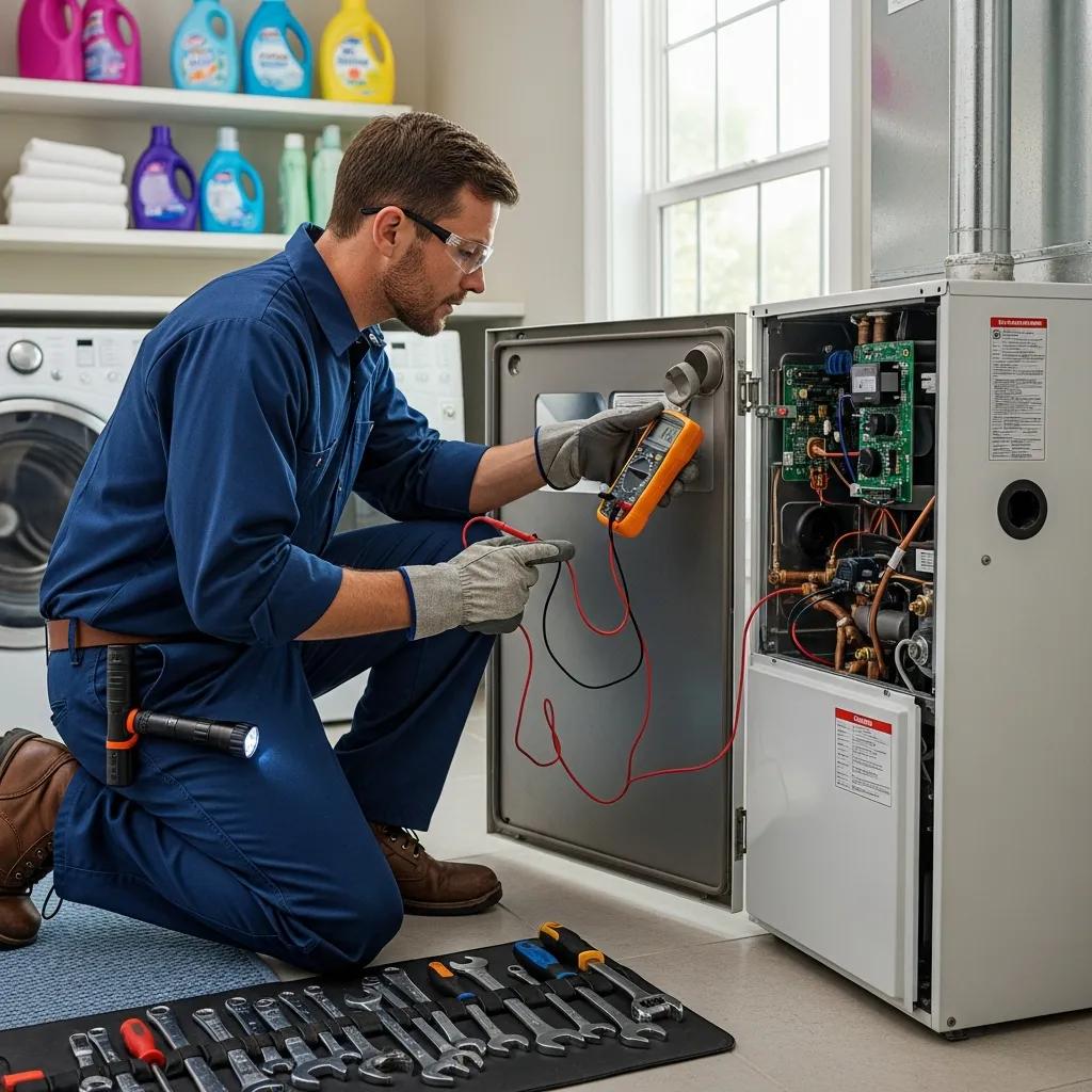 Technician checking a furnace during a fall tune-up