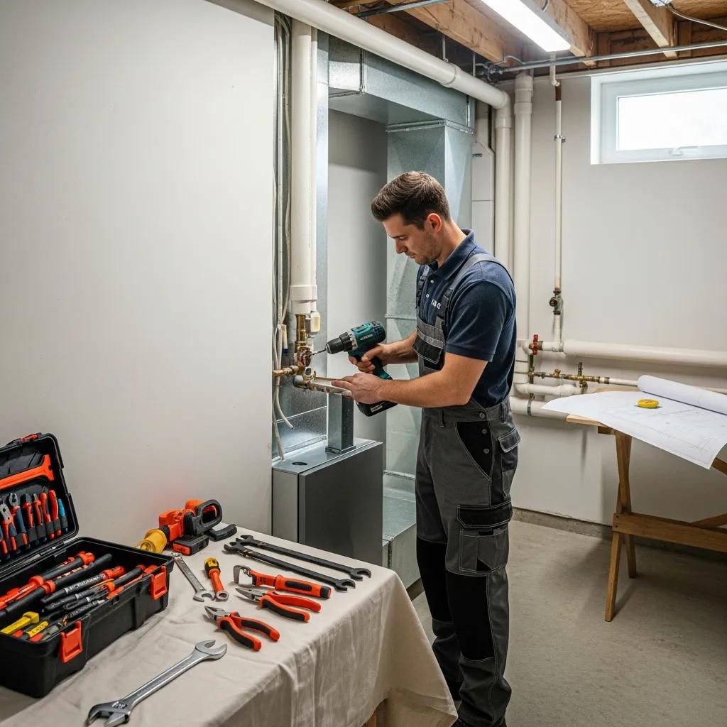 Professional technician installing a heating system in a residential home highlighting energy efficiency
