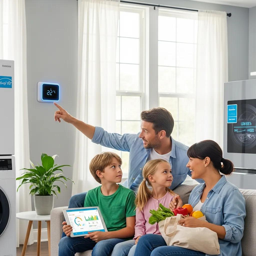 Family discussing energy-saving techniques in a modern living room with a smart thermostat