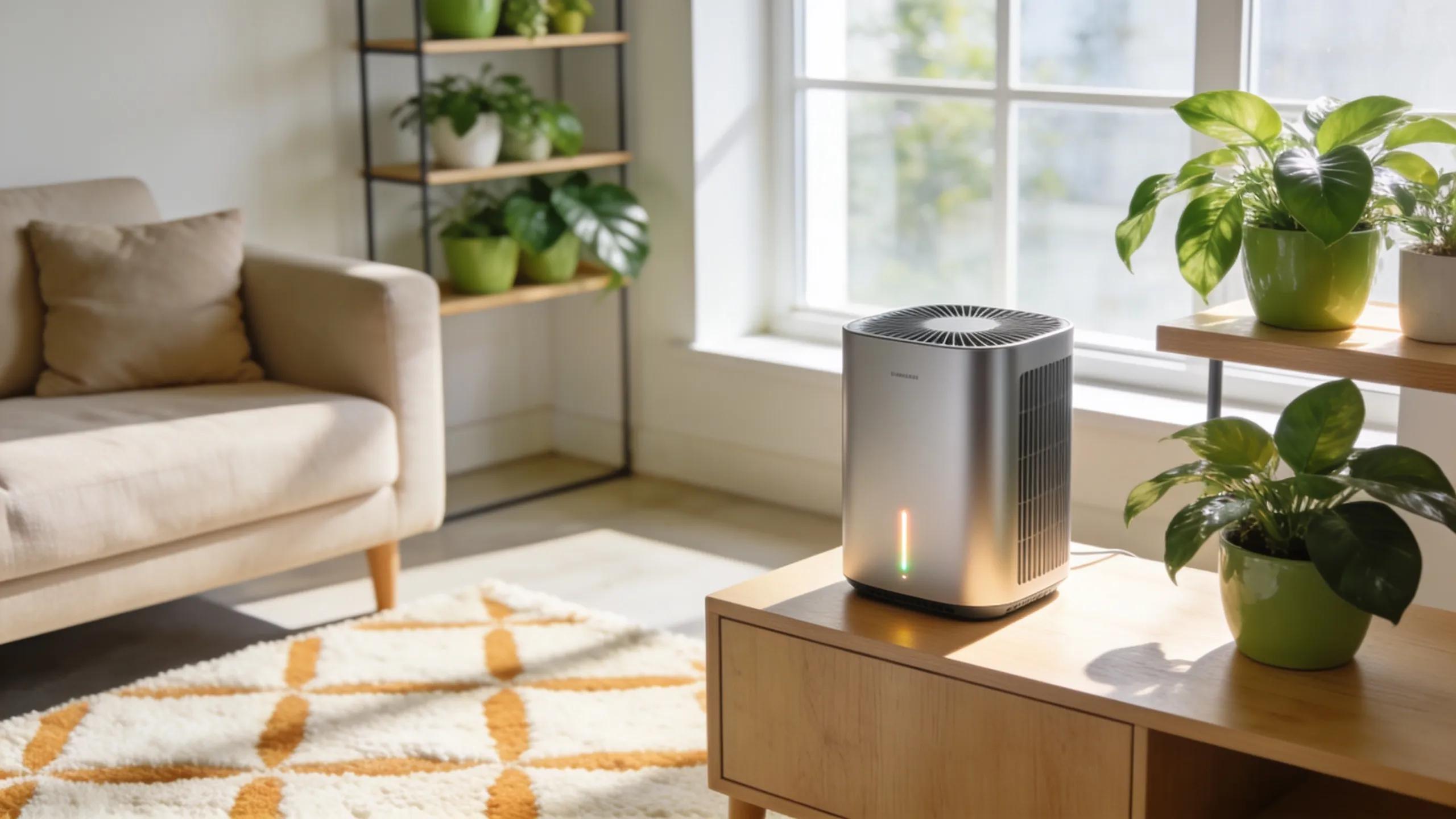 Modern air filtration system in a bright living room promoting indoor air quality